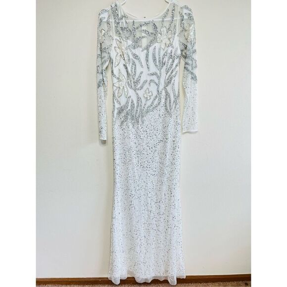 Adrianna Papell Embellished Illusion Gown White Long Sleeve 2 NEW - Picture 2 of 12